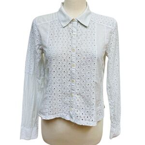 Sundance White Eyelet Button-Up Blouse Collared 100% Cotton Women's Medium